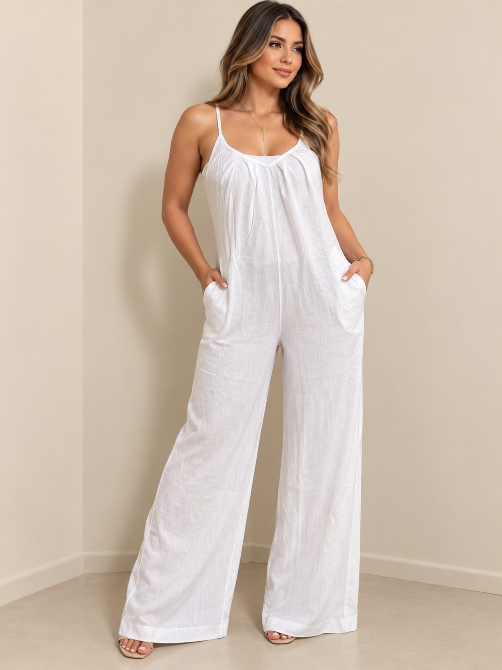 White Wide-Leg Spaghetti Strap Jumpsuit